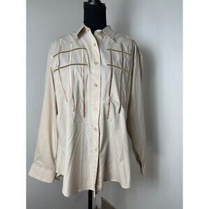 Las Olas Women's Beaded Embroidered Chic Western Academia Button Up Shirt L